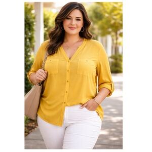 ELLEN TRACY Mustard Gold Button Front Blouse Roll Tab Sleeve 2 Pocket Top Sz 1X